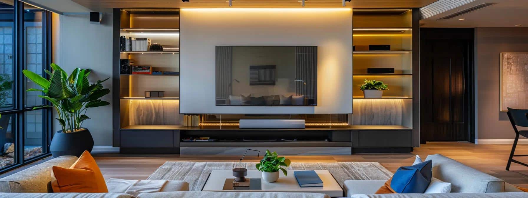 a modern columbus living room features a sleek, high-efficiency air conditioning unit mounted on the wall, with smart technology controls on a stylish console, highlighting energy-efficient cooling solutions in a contemporary indoor setting.