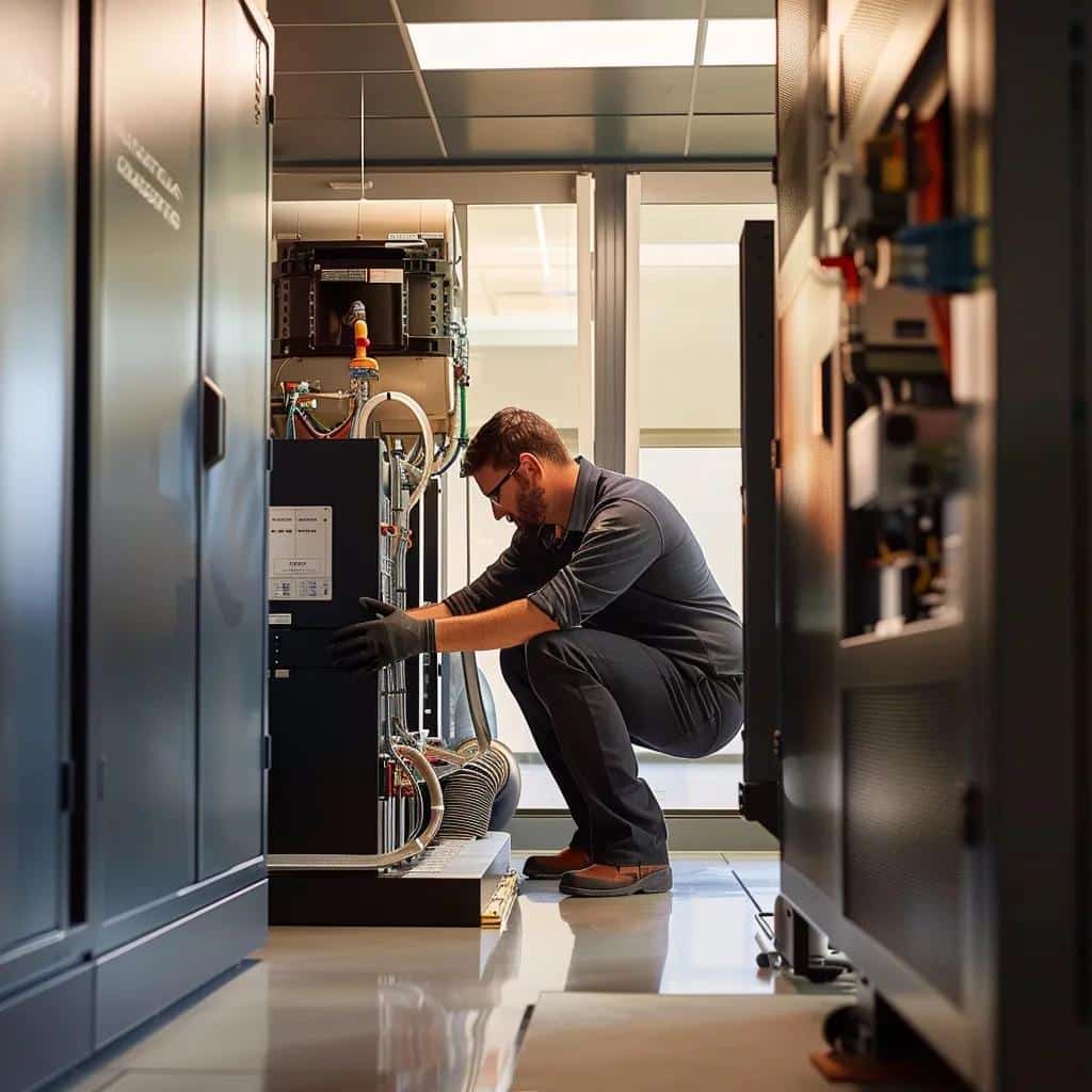 a sleek, modern office setting features a knowledgeable technician inspecting a cutting-edge commercial hvac unit with tools and equipment neatly arranged nearby, highlighting maintenance practices that enhance system durability.